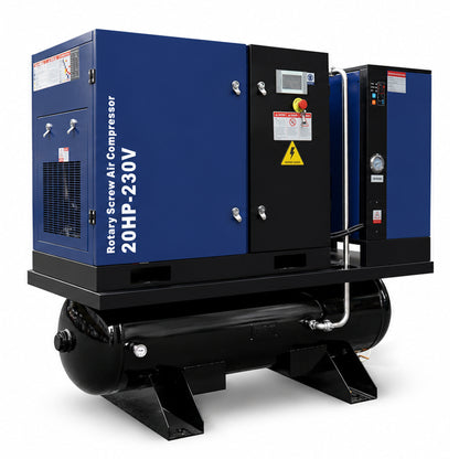 20HP Combined Rotary Screw Air Compressor with Dryer & 68.7-Gal ASME Tank – 74CFM, 125PSI, 230V 3PHASE 60HZ Heavy Duty Air Compressed System – Industrial Grade, 4-in-1
