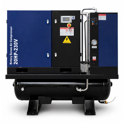 20HP Combined Rotary Screw Air Compressor with Dryer & 68.7-Gal ASME Tank – 74CFM, 125PSI, 230V 3PHASE 60HZ Heavy Duty Air Compressed System – Industrial Grade, 4-in-1