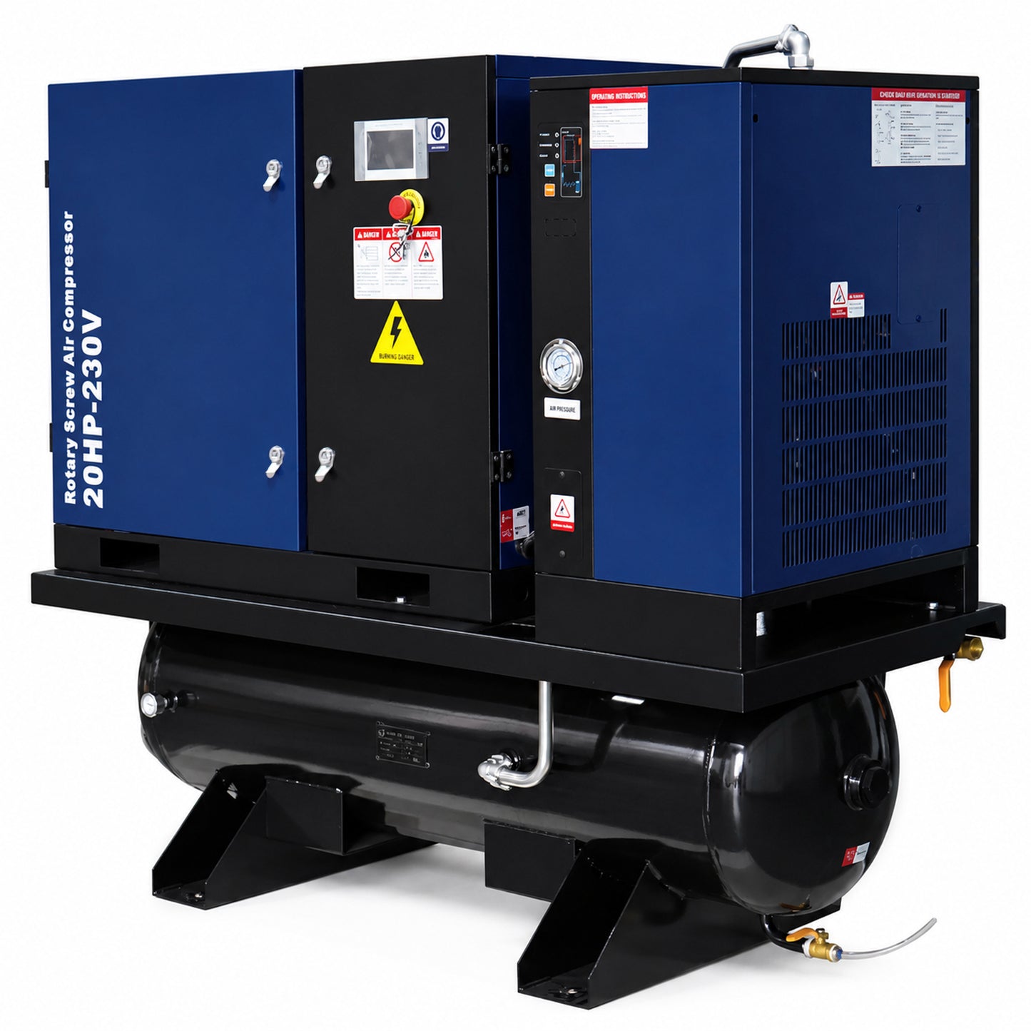 20HP Combined Rotary Screw Air Compressor with Dryer & 68.7-Gal ASME Tank – 74CFM, 125PSI, 230V 3PHASE 60HZ Heavy Duty Air Compressed System – Industrial Grade, 4-in-1