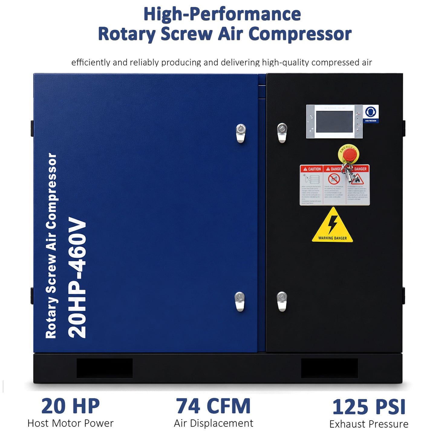 20HP Rotary Screw Air Compressor, 74CFM, 125PSI, 460V 3PHASE 60HZ, Fixed Speed Compressor, Industrial-Grade, Heavy Duty Air Compressed System