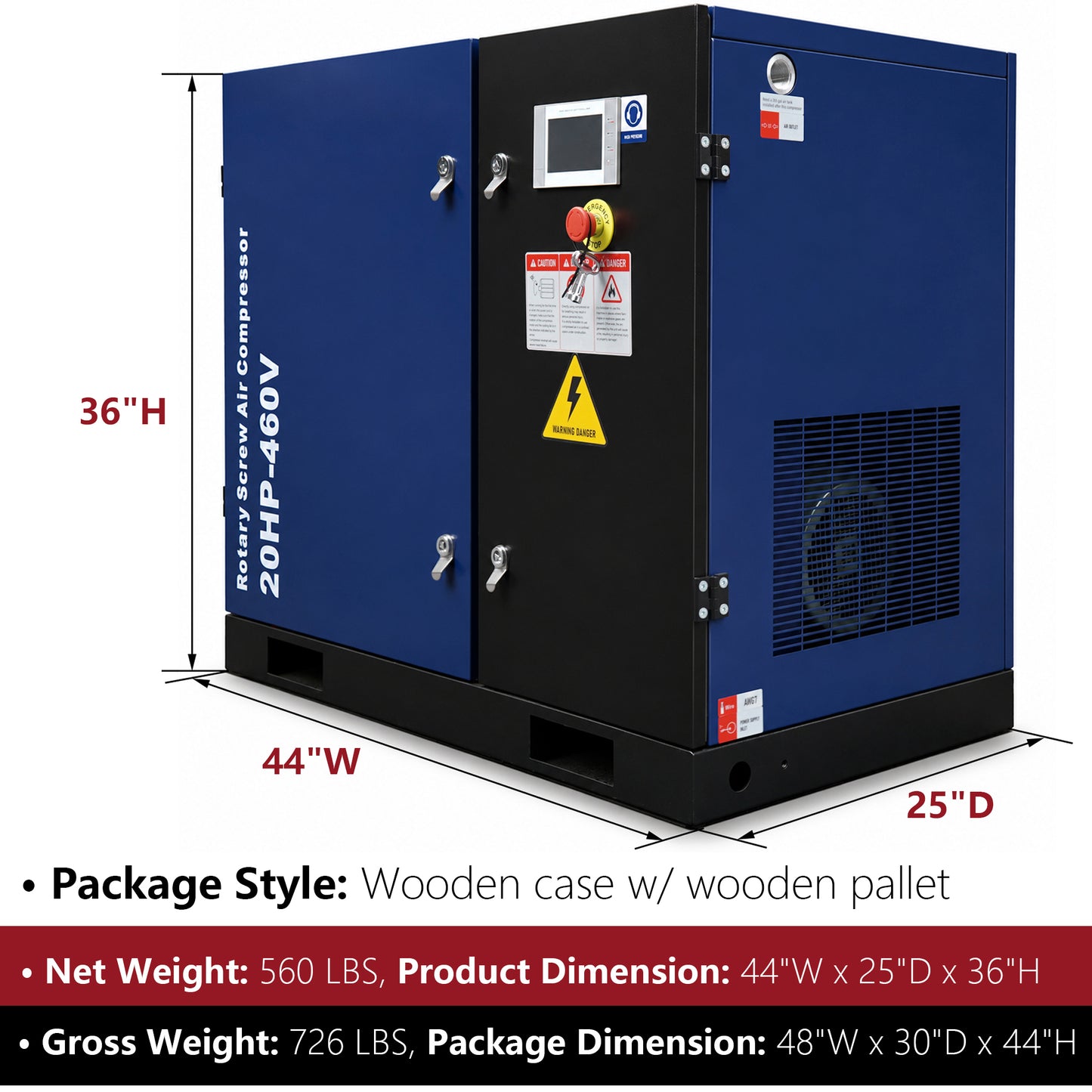 20HP Rotary Screw Air Compressor, 74CFM, 125PSI, 460V 3PHASE 60HZ, Fixed Speed Compressor, Industrial-Grade, Heavy Duty Air Compressed System