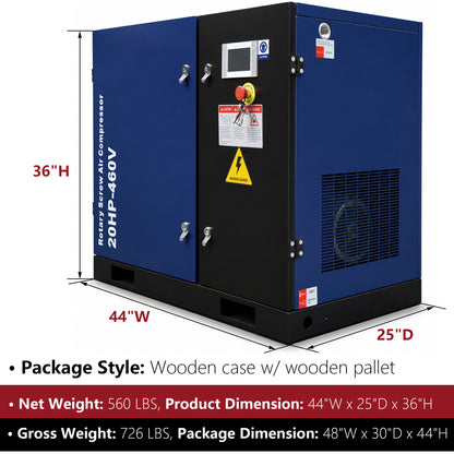 20HP Rotary Screw Air Compressor, 74CFM, 125PSI, 460V 3PHASE 60HZ, Fixed Speed Compressor, Industrial-Grade, Heavy Duty Air Compressed System