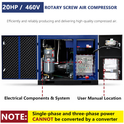 20HP Rotary Screw Air Compressor, 74CFM, 125PSI, 460V 3PHASE 60HZ, Fixed Speed Compressor, Industrial-Grade, Heavy Duty Air Compressed System