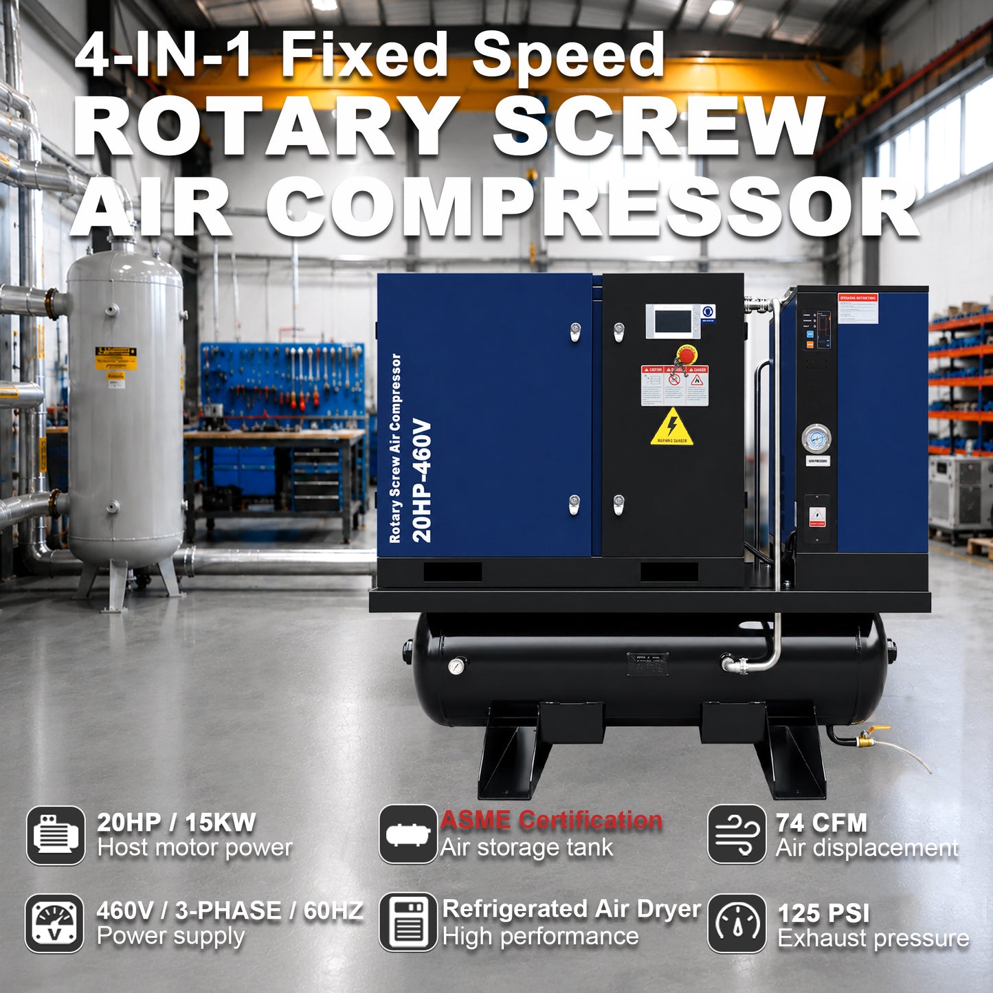 20HP Combined Rotary Screw Air Compressor with Dryer & 68.7-Gal ASME Tank – 74CFM, 125PSI, 460V 3PHASE 60HZ Heavy Duty Air Compressed System – Industrial Grade, 4-in-1
