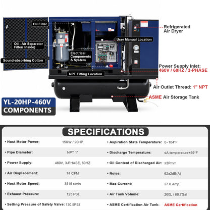 20HP Combined Rotary Screw Air Compressor with Dryer & 68.7-Gal ASME Tank – 74CFM, 125PSI, 460V 3PHASE 60HZ Heavy Duty Air Compressed System – Industrial Grade, 4-in-1