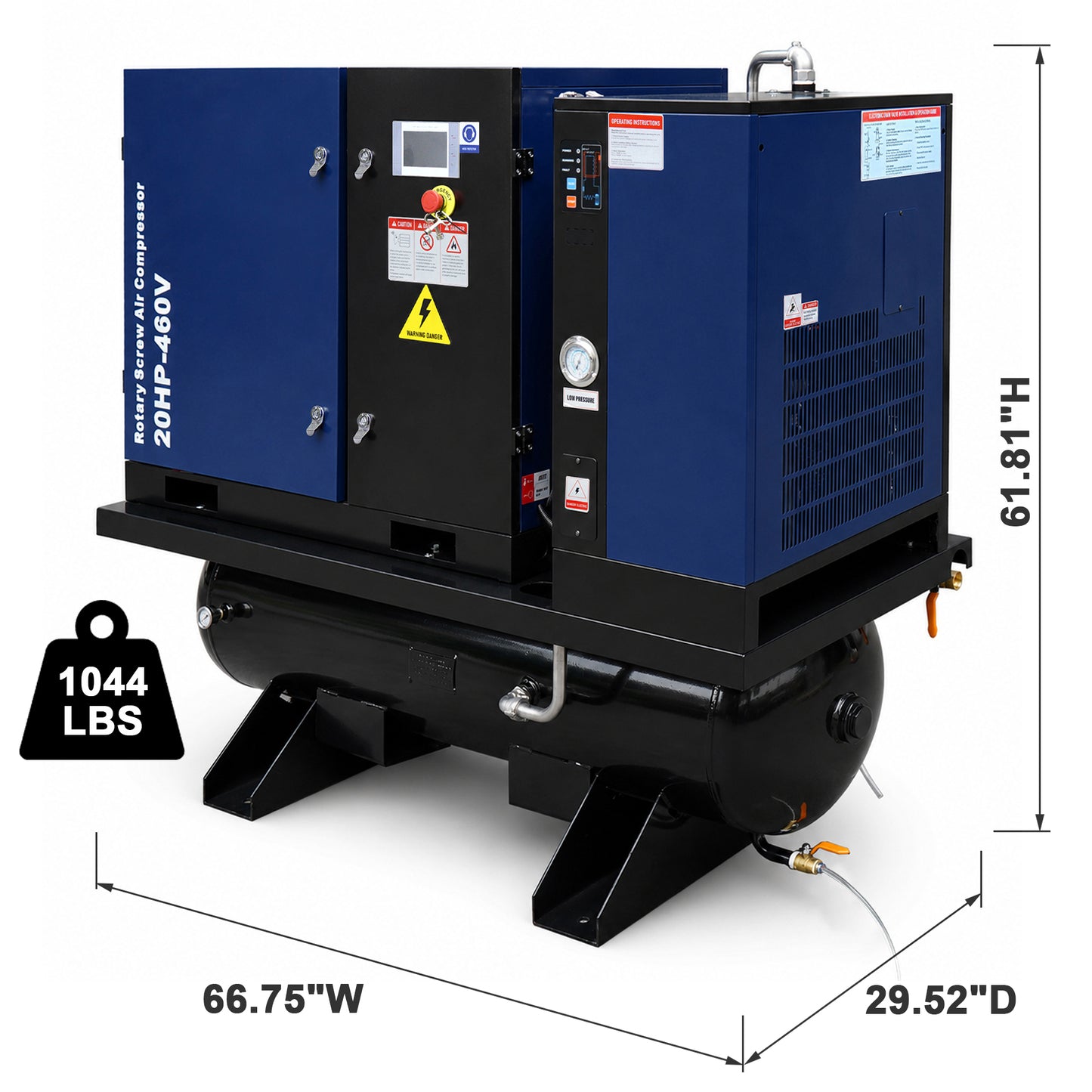 20HP Combined Rotary Screw Air Compressor with Dryer & 68.7-Gal ASME Tank – 74CFM, 125PSI, 460V 3PHASE 60HZ Heavy Duty Air Compressed System – Industrial Grade, 4-in-1