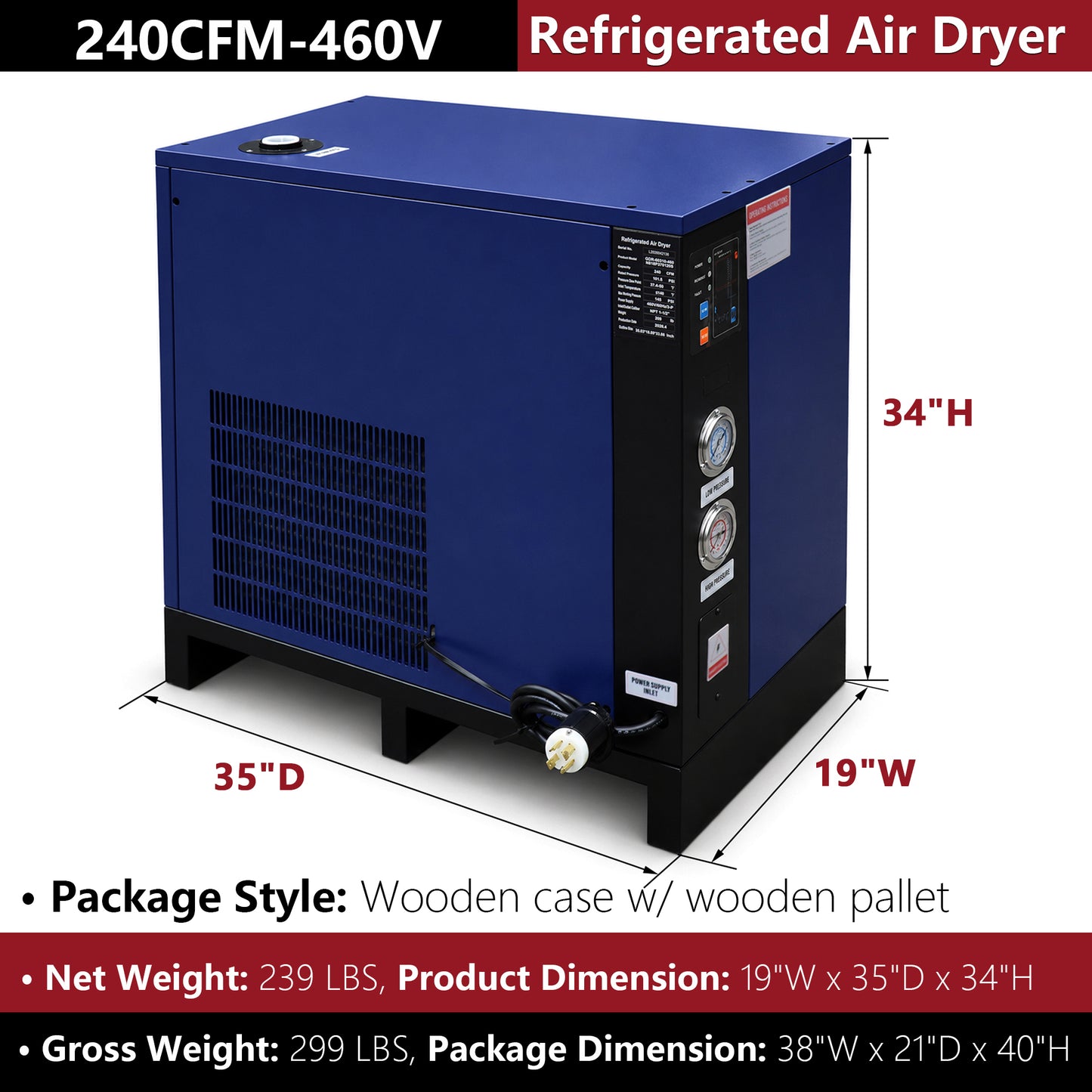 240CFM Refrigerated Air Dryer for 50HP-460V Rotary Air Compressors, 3PHASE 460V Refrigerated Air Dryer, Compressed Air Systems, Industrial Refrigerated Compressed Air Dryer