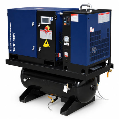 10HP Combined Rotary Screw Air Compressor with Dryer & 39.6-Gal ASME Tank – 34CFM, 125PSI, 460V 3PHASE 60HZ Heavy Duty Air Compressed System – Industrial Grade, 4-in-1
