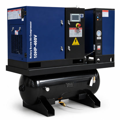 10HP Combined Rotary Screw Air Compressor with Dryer & 39.6-Gal ASME Tank – 34CFM, 125PSI, 460V 3PHASE 60HZ Heavy Duty Air Compressed System – Industrial Grade, 4-in-1