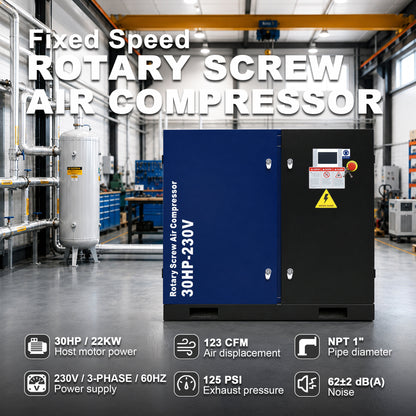 30HP Rotary Screw Air Compressor, 123CFM, 125PSI, 230V 3PHASE 60HZ, Fixed Speed Compressor, Industrial-Grade, Heavy Duty Air Compressed System