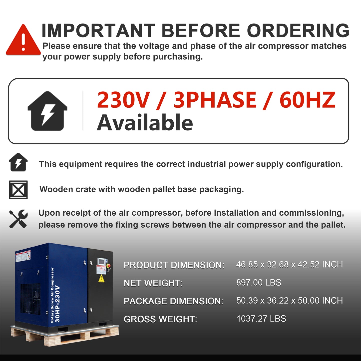 30HP Rotary Screw Air Compressor, 123CFM, 125PSI, 230V 3PHASE 60HZ, Fixed Speed Compressor, Industrial-Grade, Heavy Duty Air Compressed System