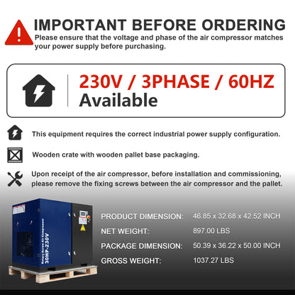 30HP Rotary Screw Air Compressor, 123CFM, 125PSI, 230V 3PHASE 60HZ, Fixed Speed Compressor, Industrial-Grade, Heavy Duty Air Compressed System