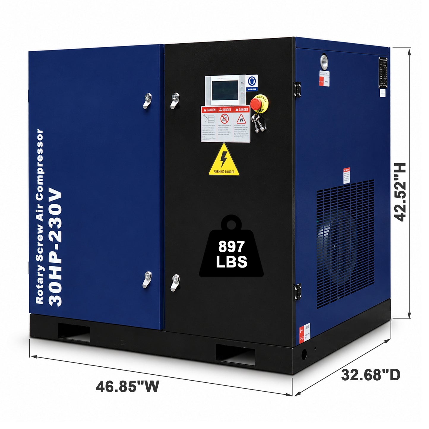 30HP Rotary Screw Air Compressor, 123CFM, 125PSI, 230V 3PHASE 60HZ, Fixed Speed Compressor, Industrial-Grade, Heavy Duty Air Compressed System