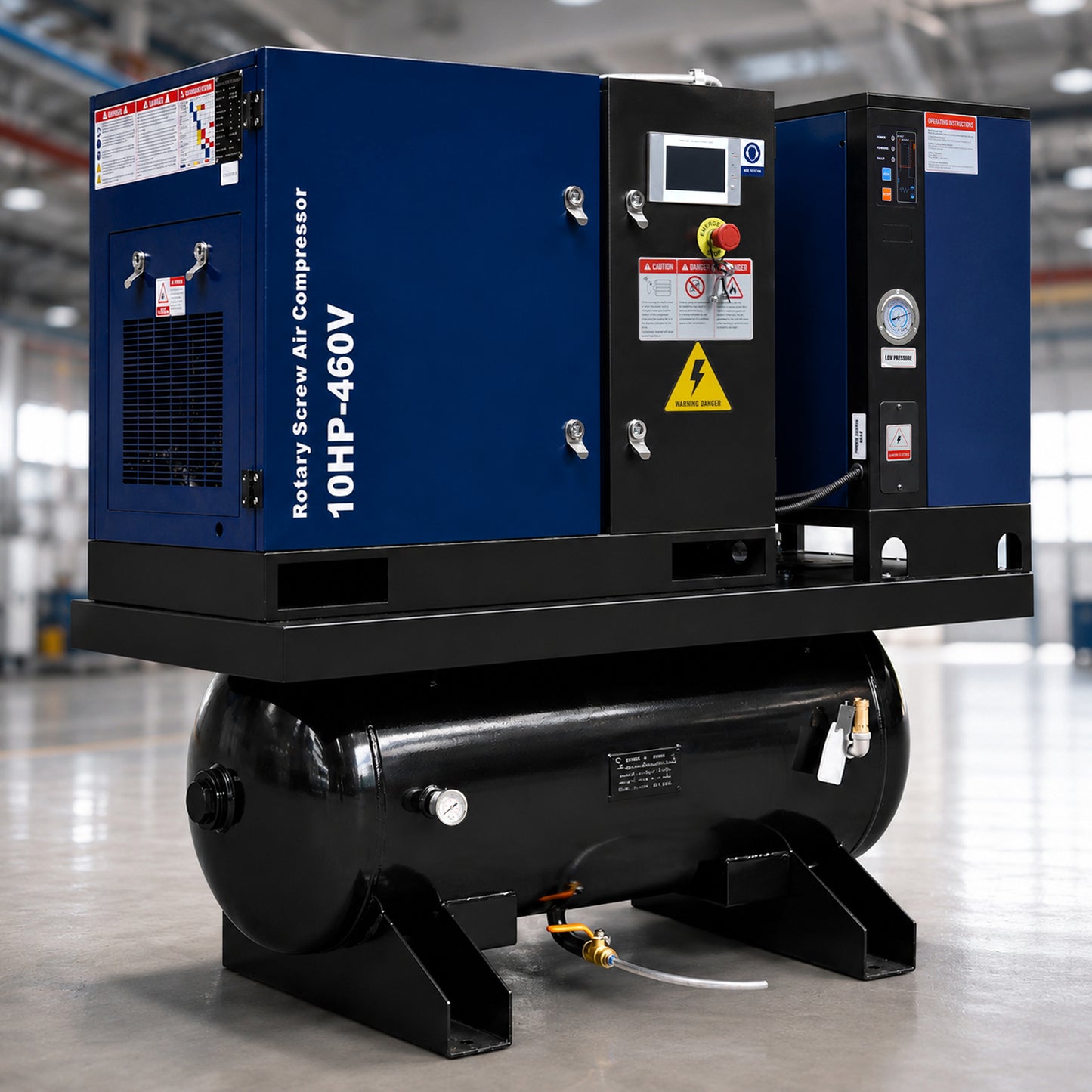 10HP Combined Rotary Screw Air Compressor with Dryer & 39.6-Gal ASME Tank – 34CFM, 125PSI, 460V 3PHASE 60HZ Heavy Duty Air Compressed System – Industrial Grade, 4-in-1