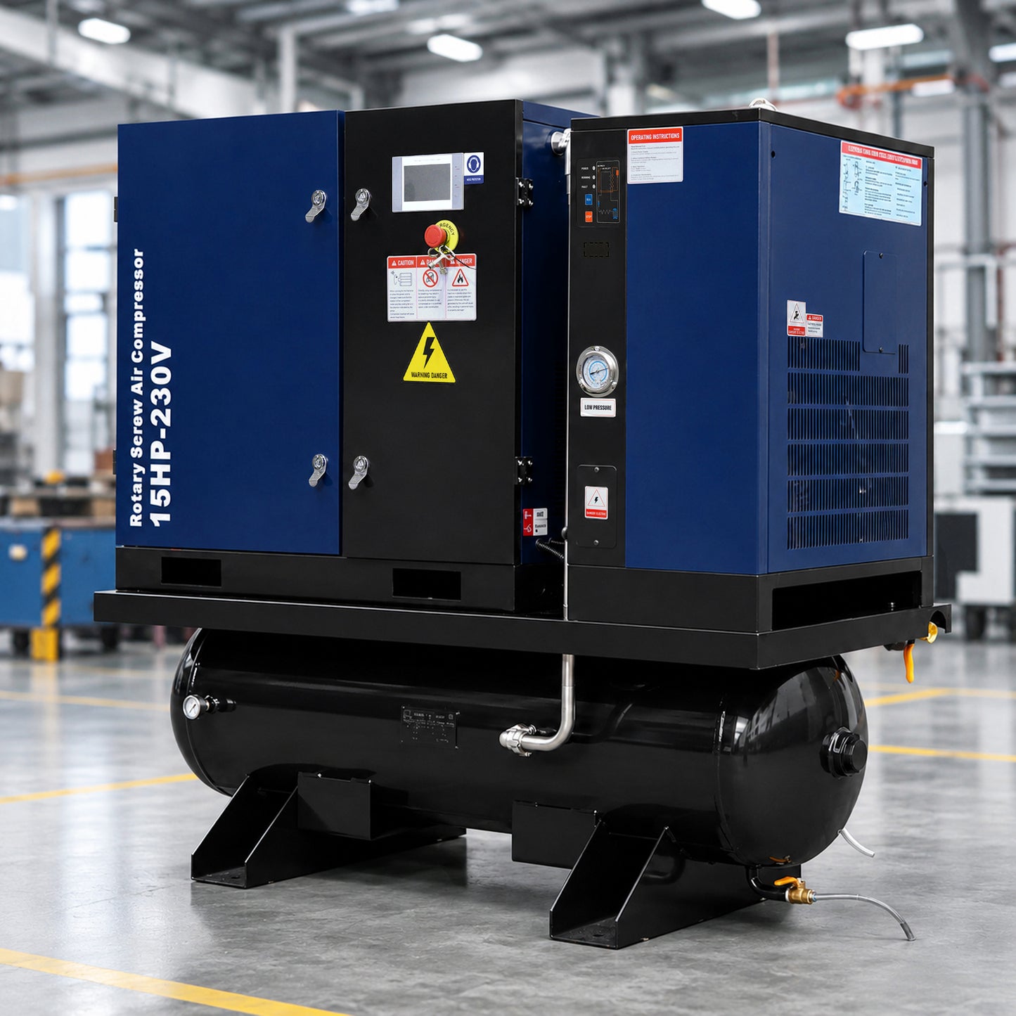 15HP Combined Rotary Screw Air Compressor with Dryer & 68.7-Gal ASME Tank – 125PSI, 230V 3PHASE 60HZ Heavy Duty Air Compressed System – Industrial Grade, 4-in-1
