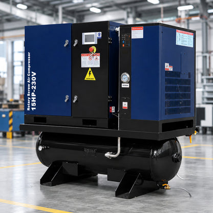 15HP Combined Rotary Screw Air Compressor with Dryer & 68.7-Gal ASME Tank – 125PSI, 230V 3PHASE 60HZ Heavy Duty Air Compressed System – Industrial Grade, 4-in-1