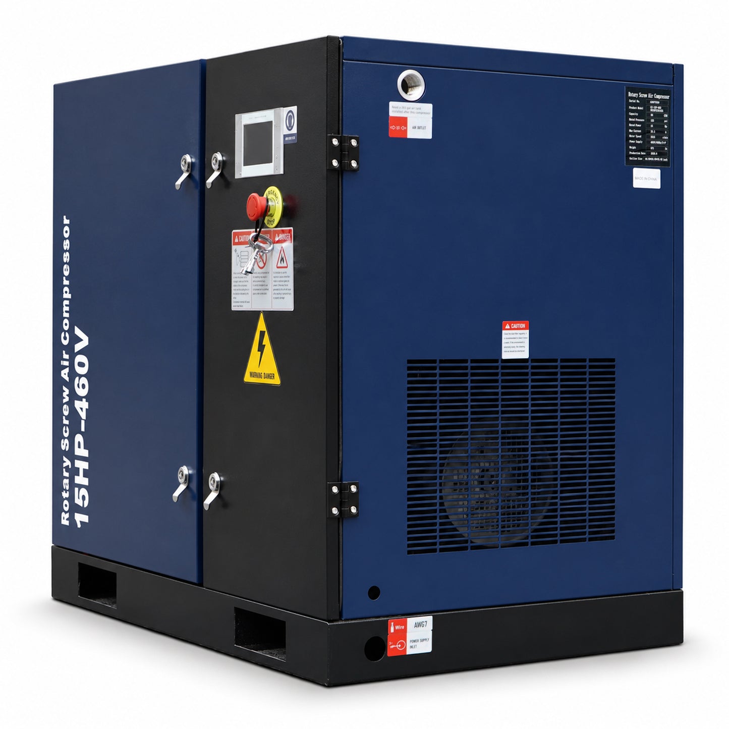 15HP Rotary Screw Air Compressor, 56 CFM, 125PSI, 460V 3PHASE 60HZ, Fixed Speed Compressor, Industrial-Grade, Heavy Duty Air Compressed System