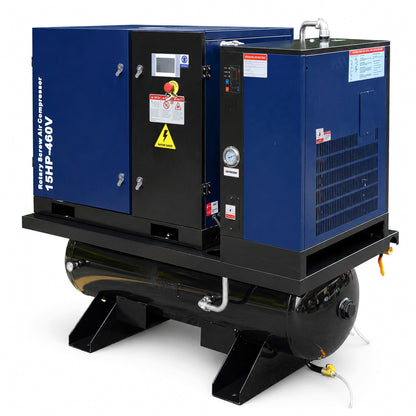 15HP Combined Rotary Screw Air Compressor with Dryer & 68.7-Gal ASME Tank – 125PSI, 460V 3PHASE 60HZ Heavy Duty Air Compressed System – Industrial Grade, 4-in-1