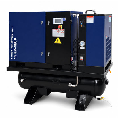 15HP Combined Rotary Screw Air Compressor with Dryer & 68.7-Gal ASME Tank – 125PSI, 460V 3PHASE 60HZ Heavy Duty Air Compressed System – Industrial Grade, 4-in-1