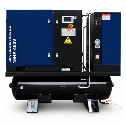 15HP Combined Rotary Screw Air Compressor with Dryer & 68.7-Gal ASME Tank – 125PSI, 460V 3PHASE 60HZ Heavy Duty Air Compressed System – Industrial Grade, 4-in-1