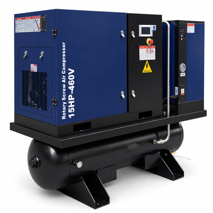 15HP Combined Rotary Screw Air Compressor with Dryer & 68.7-Gal ASME Tank – 125PSI, 460V 3PHASE 60HZ Heavy Duty Air Compressed System – Industrial Grade, 4-in-1