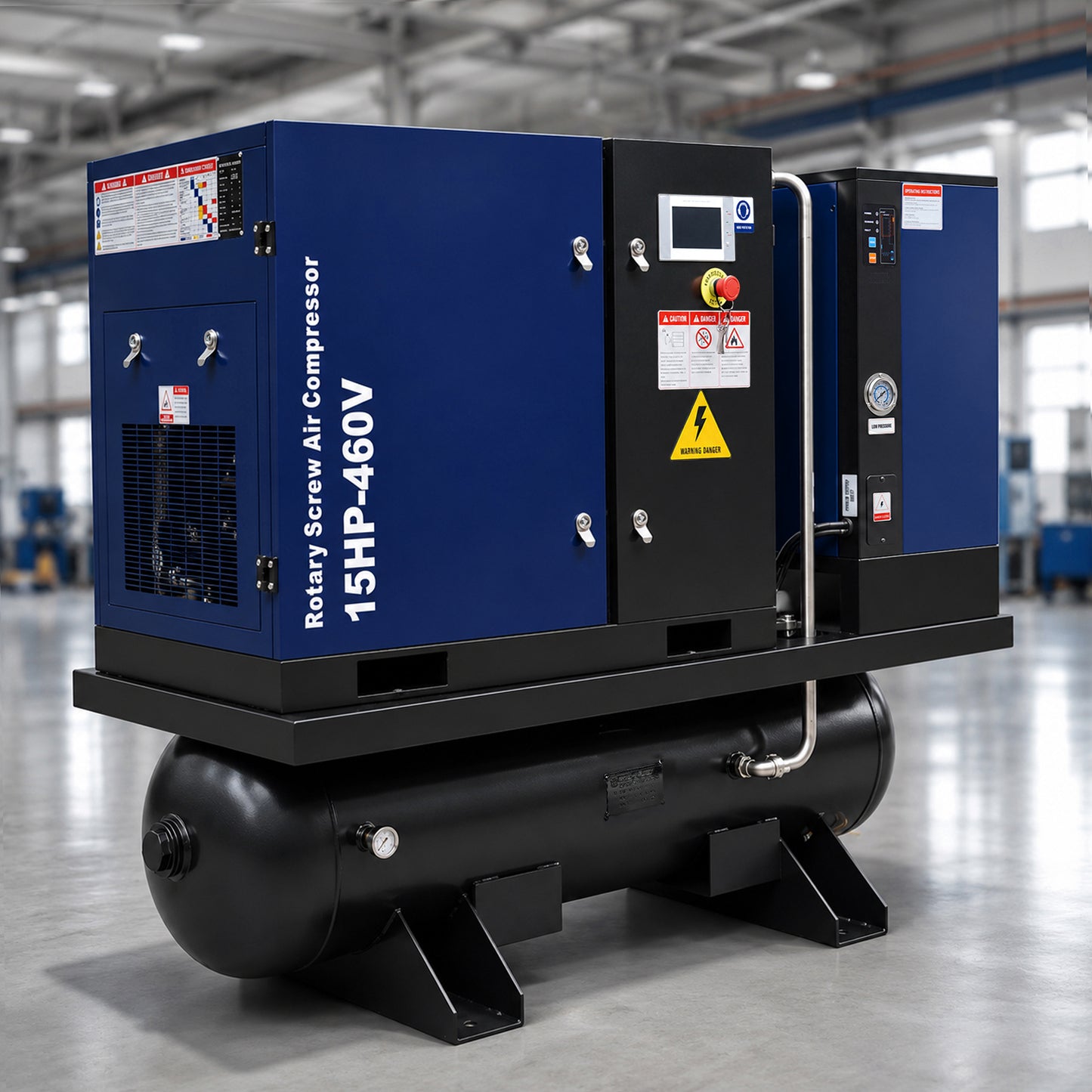 15HP Combined Rotary Screw Air Compressor with Dryer & 68.7-Gal ASME Tank – 125PSI, 460V 3PHASE 60HZ Heavy Duty Air Compressed System – Industrial Grade, 4-in-1