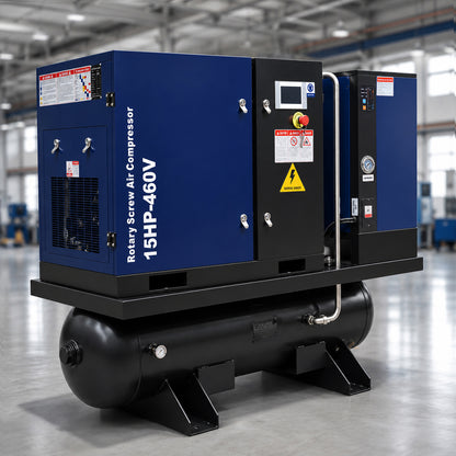 15HP Combined Rotary Screw Air Compressor with Dryer & 68.7-Gal ASME Tank – 125PSI, 460V 3PHASE 60HZ Heavy Duty Air Compressed System – Industrial Grade, 4-in-1