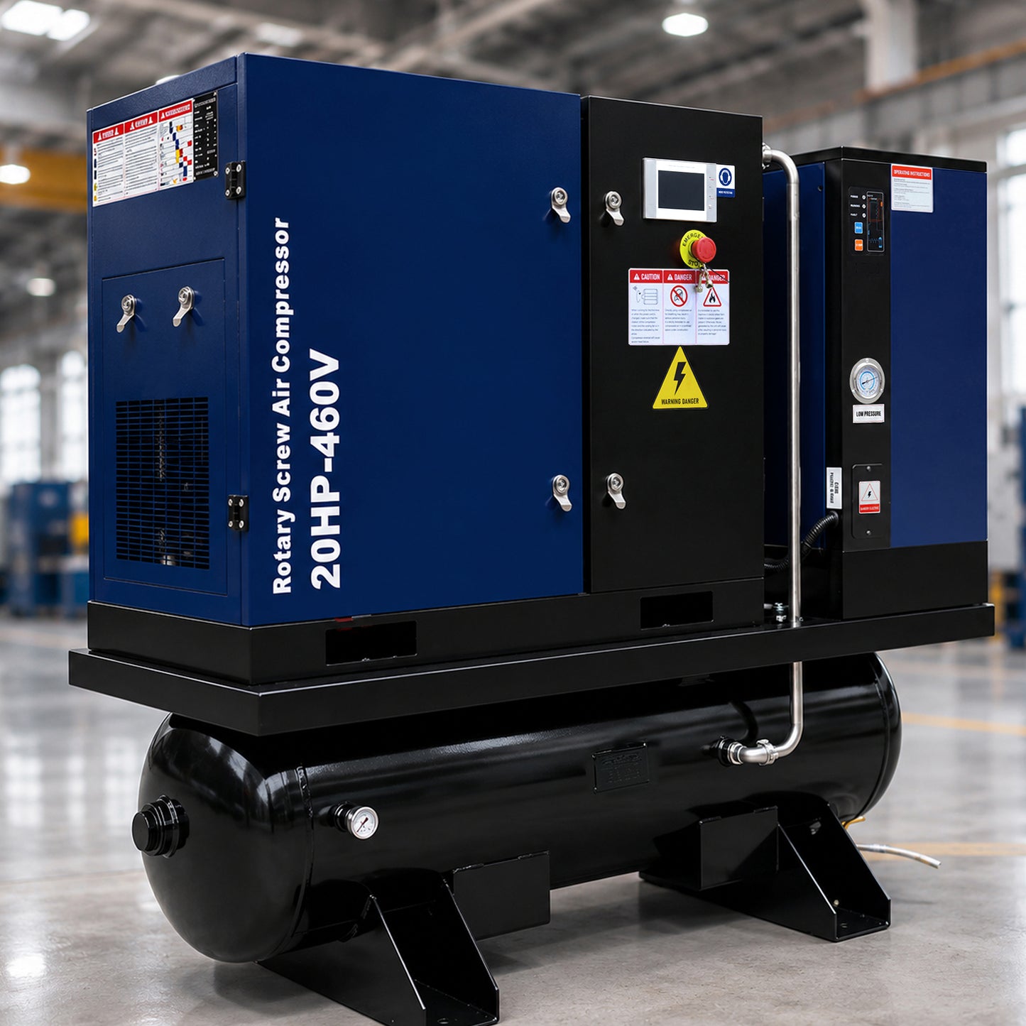20HP Combined Rotary Screw Air Compressor with Dryer & 68.7-Gal ASME Tank – 74CFM, 125PSI, 460V 3PHASE 60HZ Heavy Duty Air Compressed System – Industrial Grade, 4-in-1
