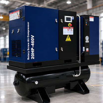 20HP Combined Rotary Screw Air Compressor with Dryer & 68.7-Gal ASME Tank – 74CFM, 125PSI, 460V 3PHASE 60HZ Heavy Duty Air Compressed System – Industrial Grade, 4-in-1