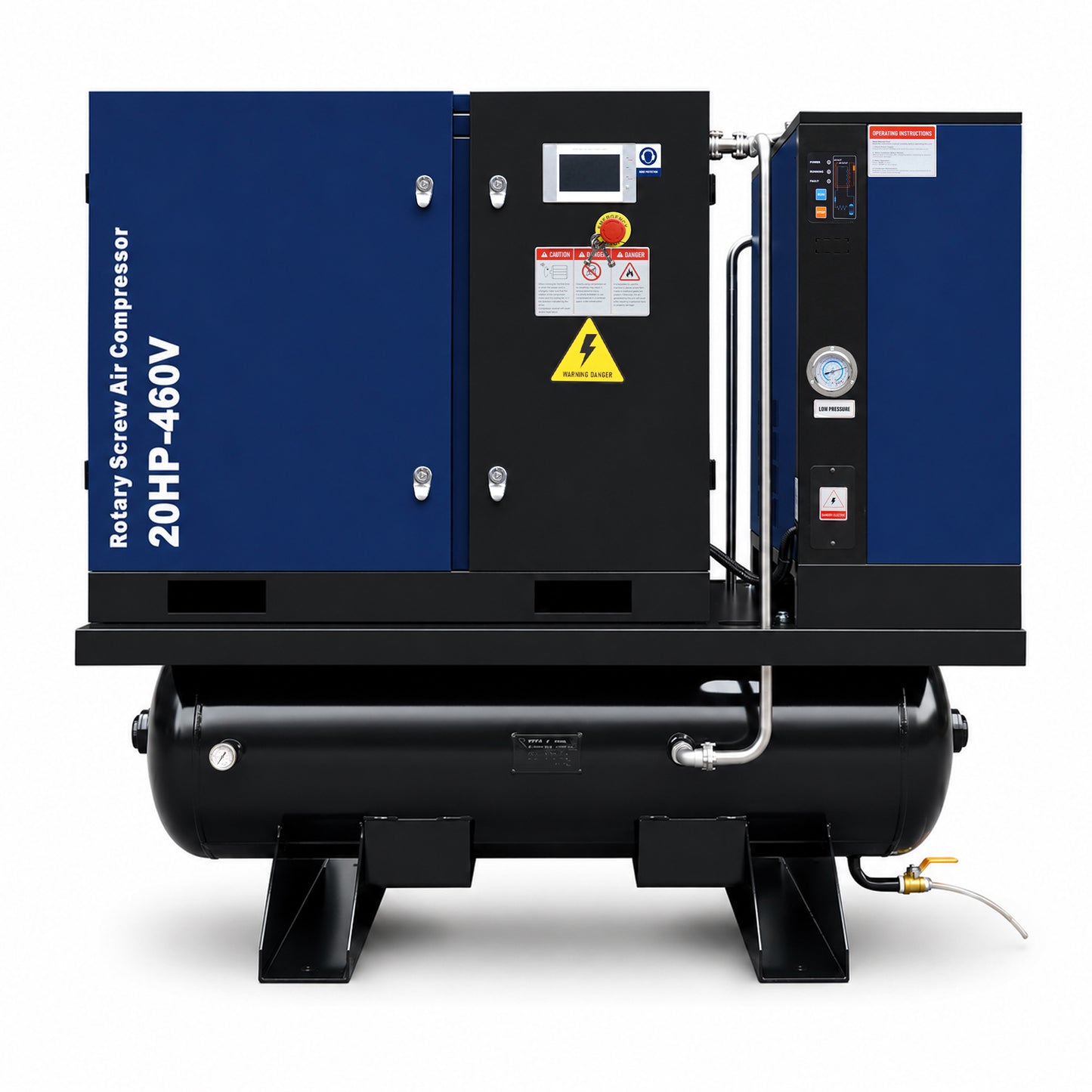 20HP Combined Rotary Screw Air Compressor with Dryer & 68.7-Gal ASME Tank – 74CFM, 125PSI, 460V 3PHASE 60HZ Heavy Duty Air Compressed System – Industrial Grade, 4-in-1