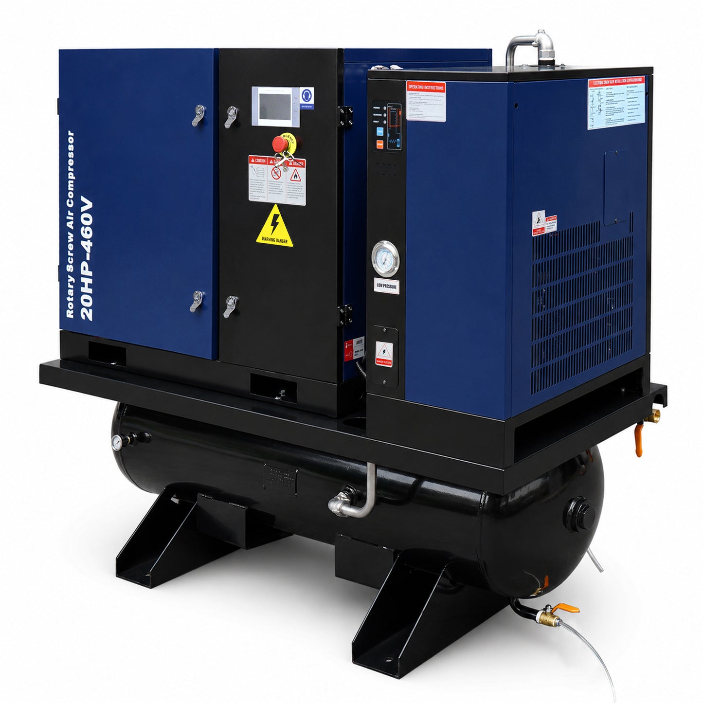 20HP Combined Rotary Screw Air Compressor with Dryer & 68.7-Gal ASME Tank – 74CFM, 125PSI, 460V 3PHASE 60HZ Heavy Duty Air Compressed System – Industrial Grade, 4-in-1
