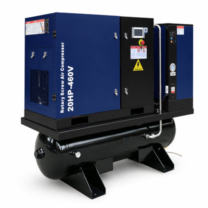 20HP Combined Rotary Screw Air Compressor with Dryer & 68.7-Gal ASME Tank – 74CFM, 125PSI, 460V 3PHASE 60HZ Heavy Duty Air Compressed System – Industrial Grade, 4-in-1