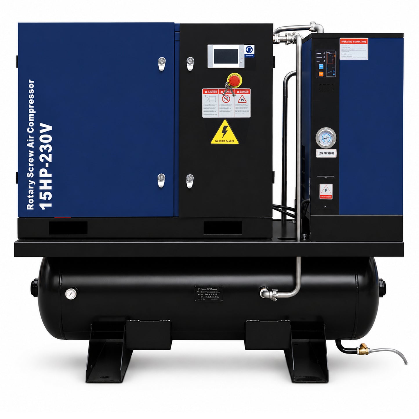 15HP Combined Rotary Screw Air Compressor with Dryer & 68.7-Gal ASME Tank – 125PSI, 230V 3PHASE 60HZ Heavy Duty Air Compressed System – Industrial Grade, 4-in-1