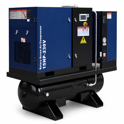 15HP Combined Rotary Screw Air Compressor with Dryer & 68.7-Gal ASME Tank – 125PSI, 230V 3PHASE 60HZ Heavy Duty Air Compressed System – Industrial Grade, 4-in-1