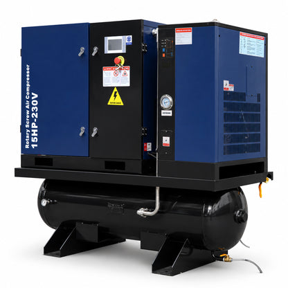 15HP Combined Rotary Screw Air Compressor with Dryer & 68.7-Gal ASME Tank – 125PSI, 230V 3PHASE 60HZ Heavy Duty Air Compressed System – Industrial Grade, 4-in-1