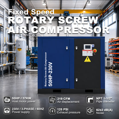 50HP Rotary Screw Air Compressor, 219CFM, 125PSI, 230V 3PHASE 60HZ, Fixed Speed Compressor, Industrial-Grade, Heavy Duty Air Compressed System