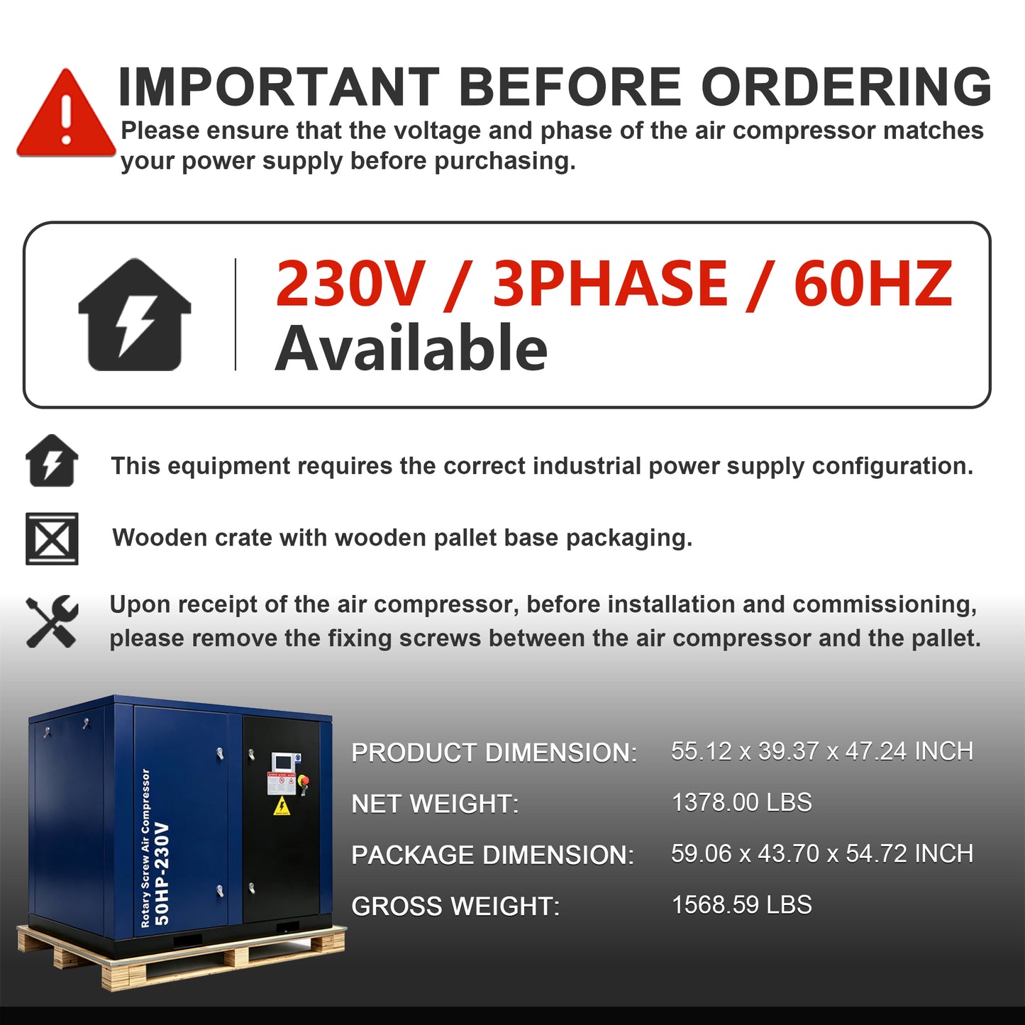 50HP Rotary Screw Air Compressor, 219CFM, 125PSI, 230V 3PHASE 60HZ, Fixed Speed Compressor, Industrial-Grade, Heavy Duty Air Compressed System