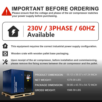 50HP Rotary Screw Air Compressor, 219CFM, 125PSI, 230V 3PHASE 60HZ, Fixed Speed Compressor, Industrial-Grade, Heavy Duty Air Compressed System