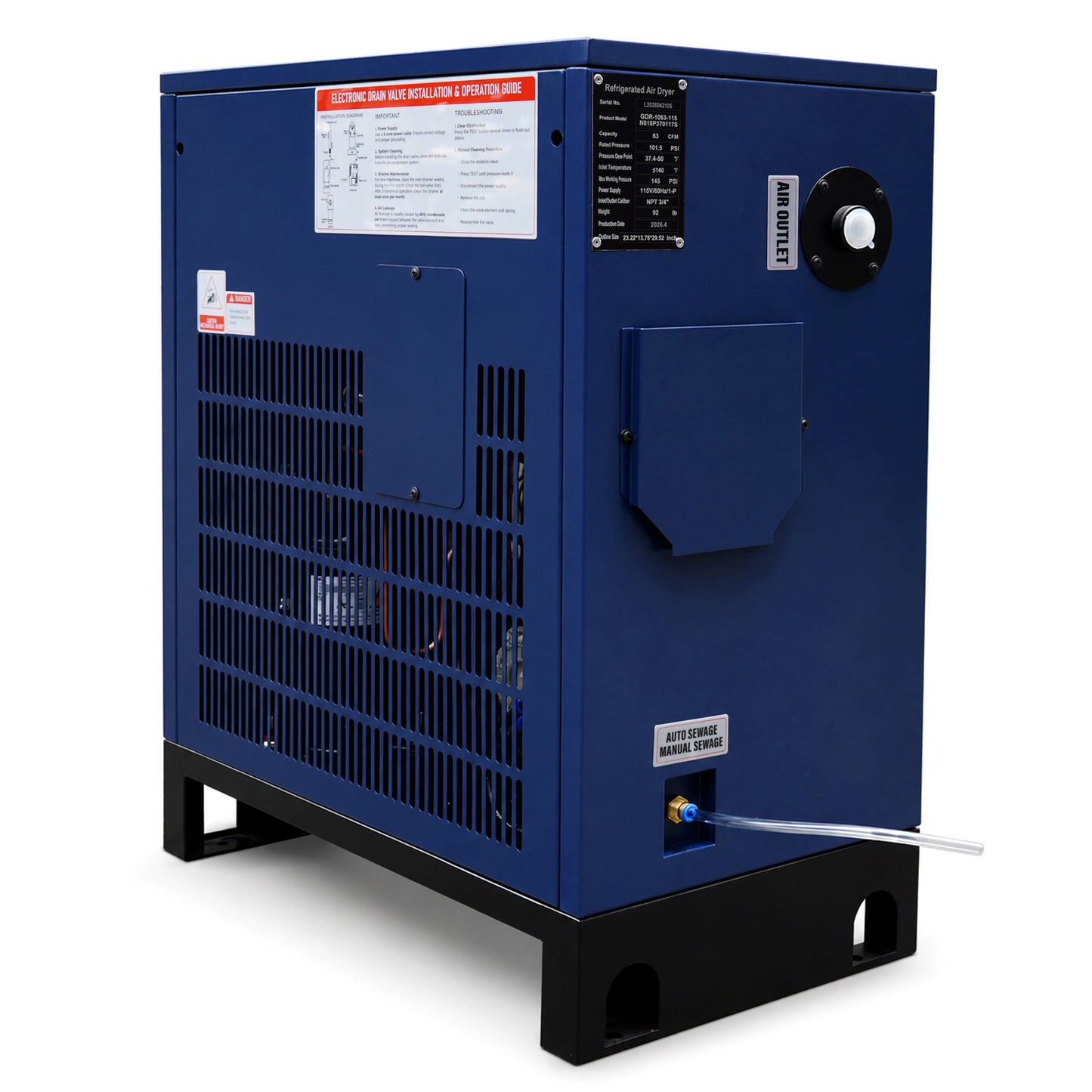 63CFM Refrigerated Air Dryer for 10HP & 15HP Air Compressors, 1PHASE 115V, Refrigerated Air Compressor Dryer, Compressed Air Systems, Industrial Refrigerated Compressed Air Dryer