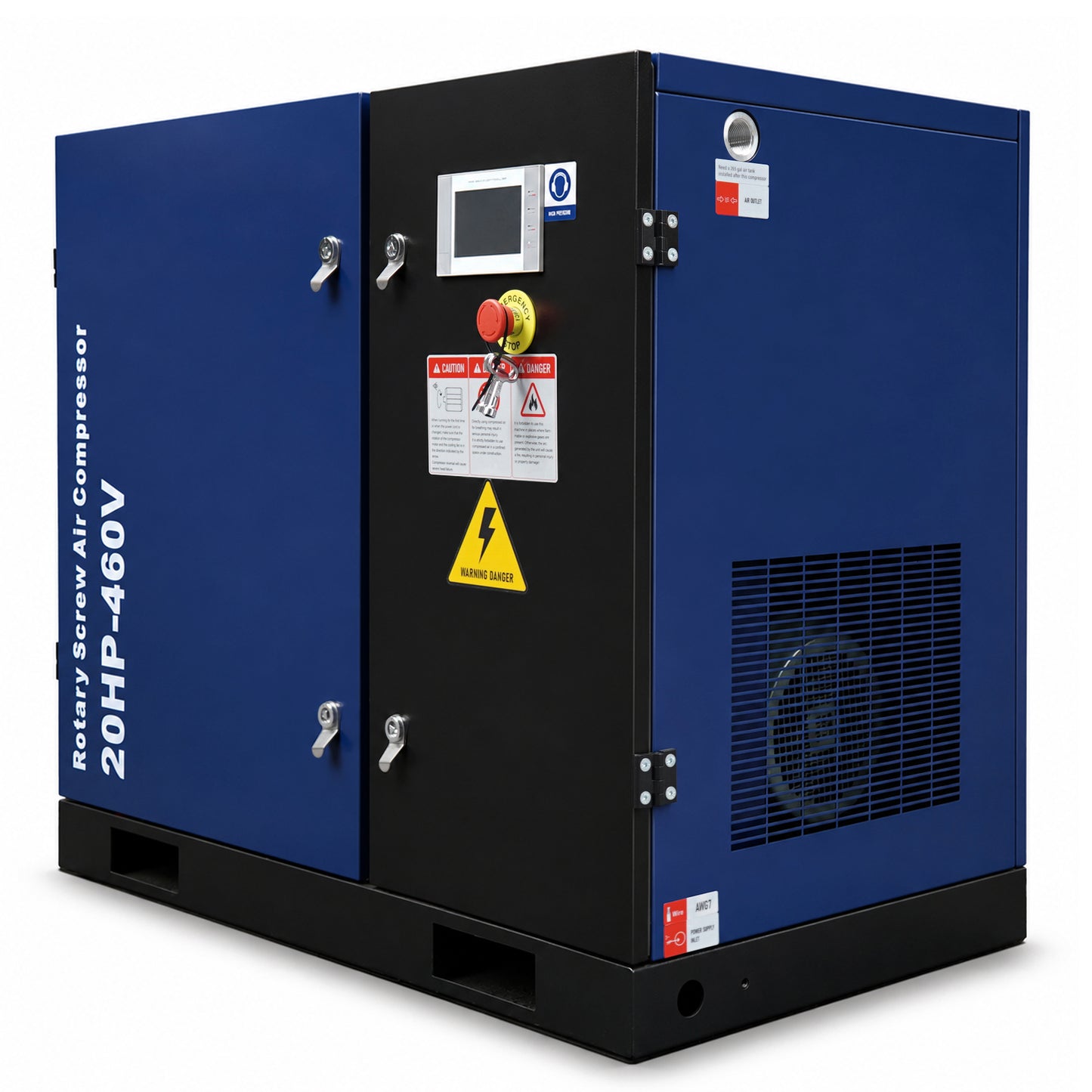 20HP Rotary Screw Air Compressor, 74CFM, 125PSI, 460V 3PHASE 60HZ, Fixed Speed Compressor, Industrial-Grade, Heavy Duty Air Compressed System