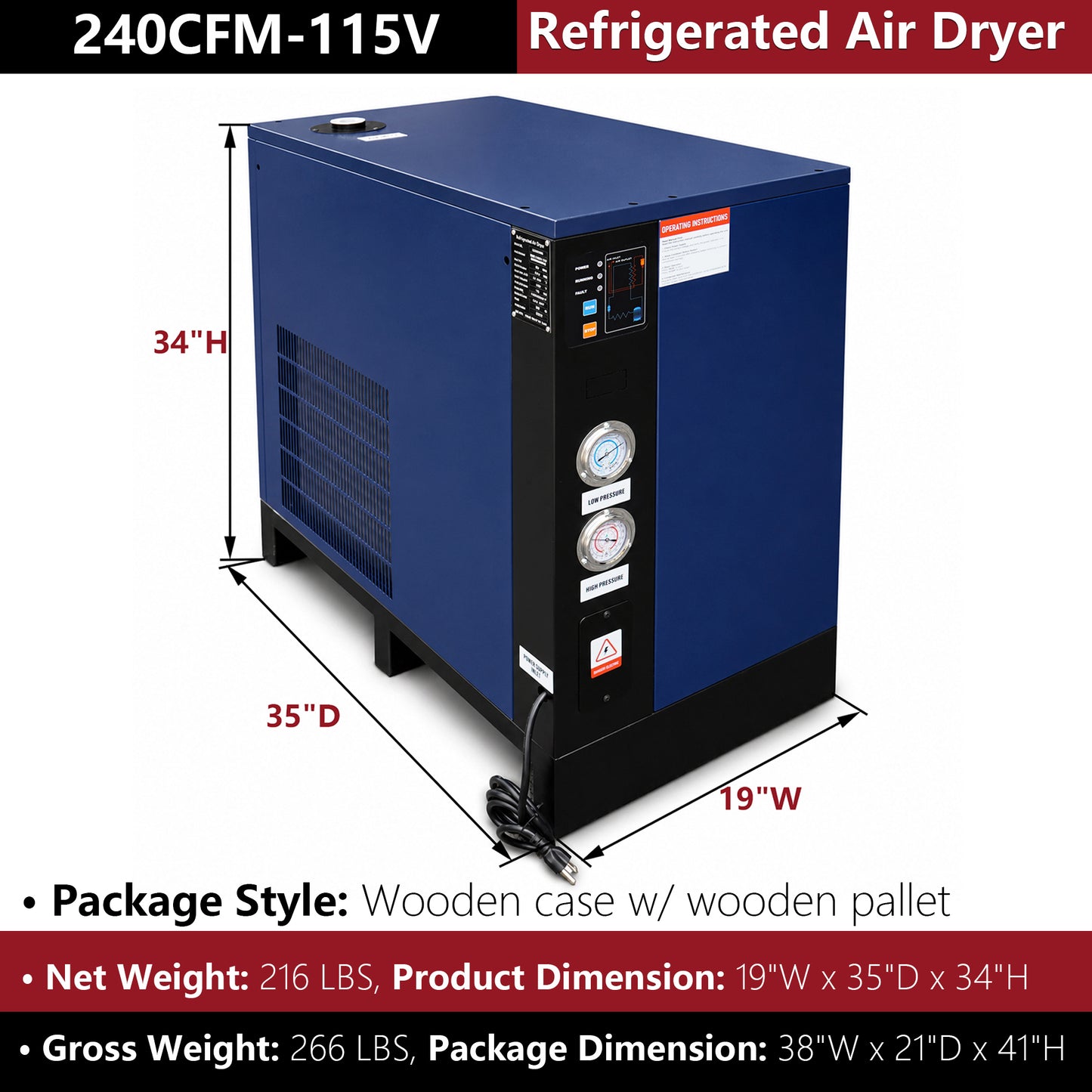 240CFM Refrigerated Air Dryer for 50HP Air Compressors, 1 PHASE 115V, Refrigerated Air Compressor Dryer, Compressed Air Systems, Industrial Refrigerated Compressed Air Dryer