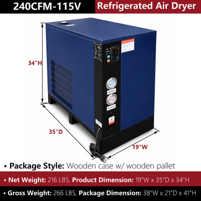 240CFM Refrigerated Air Dryer for 50HP Air Compressors, 1 PHASE 115V, Refrigerated Air Compressor Dryer, Compressed Air Systems, Industrial Refrigerated Compressed Air Dryer