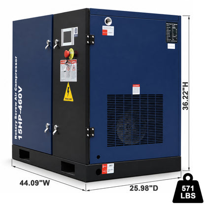 15HP Rotary Screw Air Compressor, 56 CFM, 125PSI, 460V 3PHASE 60HZ, Fixed Speed Compressor, Industrial-Grade, Heavy Duty Air Compressed System
