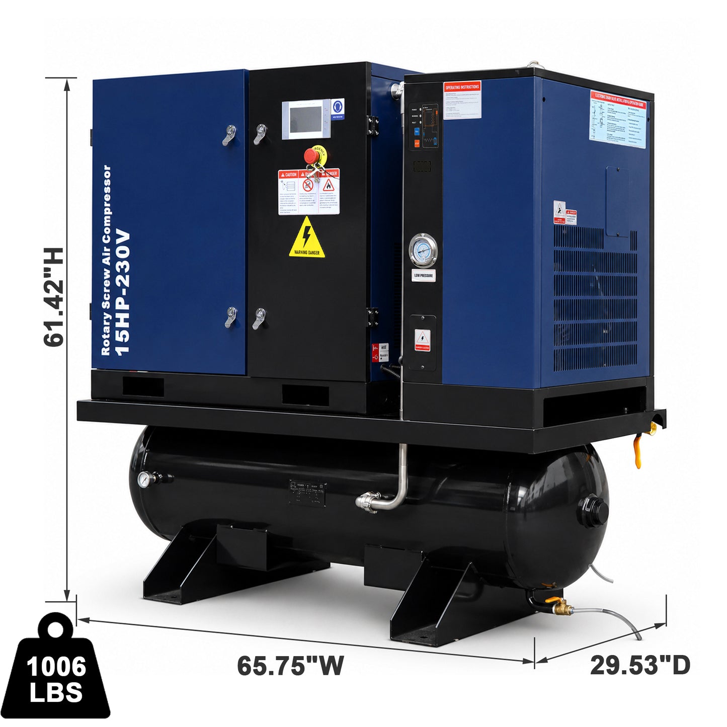 15HP Combined Rotary Screw Air Compressor with Dryer & 68.7-Gal ASME Tank – 125PSI, 230V 3PHASE 60HZ Heavy Duty Air Compressed System – Industrial Grade, 4-in-1