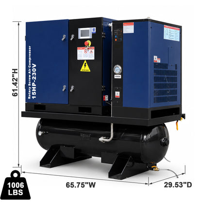 15HP Combined Rotary Screw Air Compressor with Dryer & 68.7-Gal ASME Tank – 125PSI, 230V 3PHASE 60HZ Heavy Duty Air Compressed System – Industrial Grade, 4-in-1