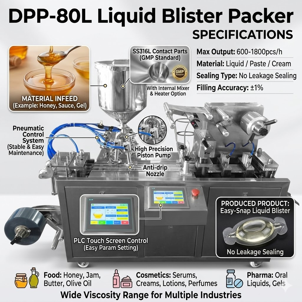 High-precision liquid filling station with anti-drip nozzles for fragrance blister packaging.