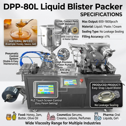 High-precision liquid filling station with anti-drip nozzles for fragrance blister packaging.