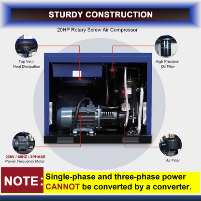 20HP Rotary Screw Air Compressor, 74CFM, 125PSI, 208-230V 3PHASE 60HZ, Fixed Speed Compressor, Industrial-Grade, Heavy Duty Air Compressed System