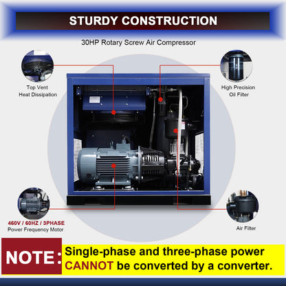 30HP Rotary Screw Air Compressor, 123CFM, 125PSI, 460V 3PHASE 60HZ, Fixed Speed Compressor, Industrial-Grade, Heavy Duty Air Compressed System