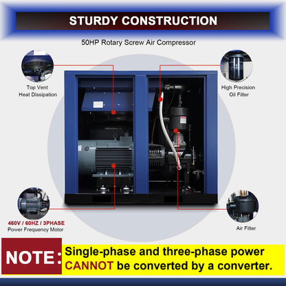 50HP Rotary Screw Air Compressor, 219CFM, 125PSI, 460V 3PHASE 60HZ, Fixed Speed Compressor, Industrial-Grade, Heavy Duty Air Compressed System
